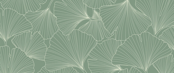 Abstract foliage line art vector background. Leaf wallpaper of tropical leaves, ginkgo leaf, plants in hand drawn pattern on green. Botanical jungle illustrated for banner, prints, decoration, fabric.
