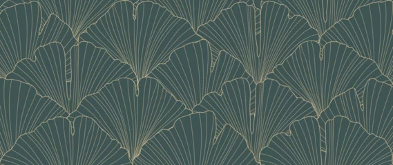 Tapeten Luxury golden ginkgo leaf line art background vector. Natural botanical elegant flower with gold line art. Design illustration for decoration, wall decor, wallpaper, cover, banner, poster, card. © TWINS DESIGN STUDIO