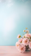 Fototapeta na wymiar Pink sakura flower in vase on wooden table with blue background.