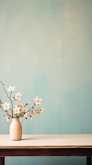 Cherry blossom in vase on table with blue wall background.