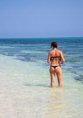 Beautiful woman in the bikini swimming suite walking in the beach. Holiday