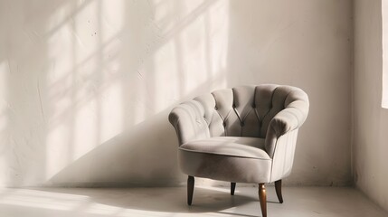Elegant Armchair in a Sunlit Minimalist Room, Perfect for Interior Design. Comfortable Seating, Modern Elegance. Clean Style and Relaxation Concept. AI