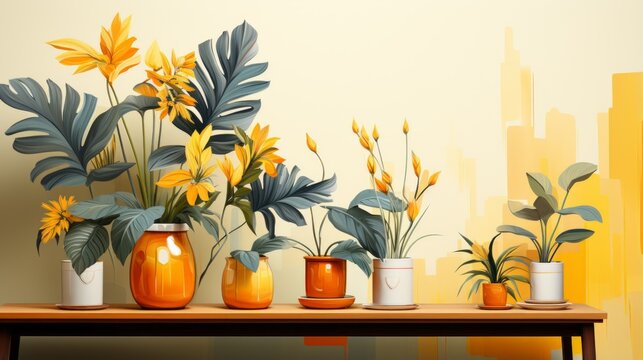 Still life with yellow flowers and plants in orange vases