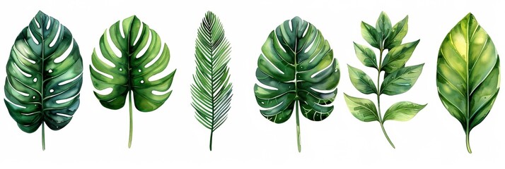 Exotic tropical leaves, including monstera and palm, creating a vibrant and lush botanical background. - obrazy, fototapety, plakaty