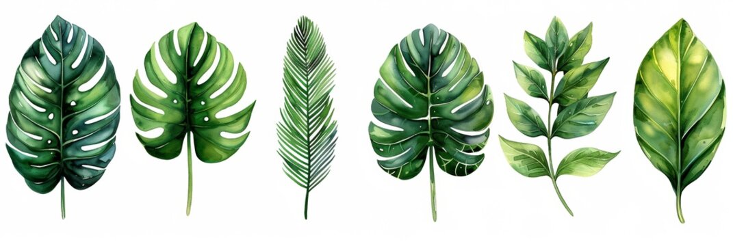 Exotic tropical leaves, including monstera and palm, creating a vibrant and lush botanical background.