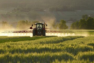 In the agricultural landscape, a tractor sprays fertilizer for prosperous crop growth at sunset.