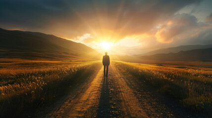 A person in silhouette is walking down a dusty dirt road as the sun sets in the background - obrazy, fototapety, plakaty