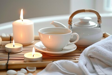 cup and teapot on a bamboo bath tray with candles beside