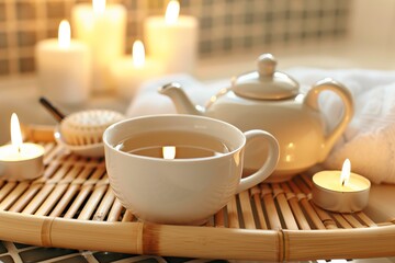 cup and teapot on a bamboo bath tray with candles beside