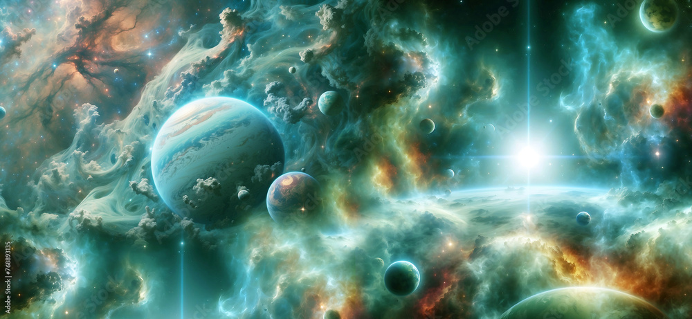 Wall mural abstract space background with nebula, planets and galaxy like sci-fi and fantasy universe concept