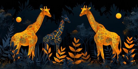 A captivating African savannah scene at sunset, featuring giraffes, trees, and the beauty of nature.