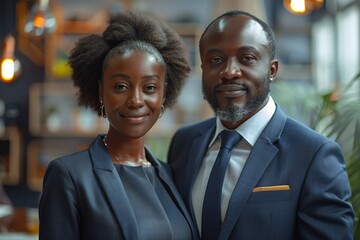 A cheerful and successful black couple, colleagues in an office, sharing happiness and laughter.