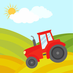 Tractor cultivates the land in the field. Vector illustration.