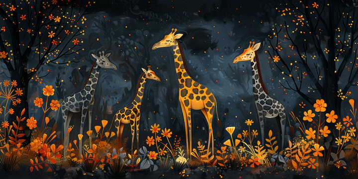 A captivating African wildlife scene with giraffes, featuring a vibrant scene over the savanna.