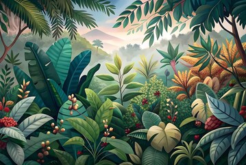 Obraz premium Tropical Rainforest Foliage Lush Vegetation Exotic Flora Dawn Misty Landscape