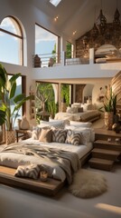 Modern luxury villa interior design with large windows overlooking the ocean