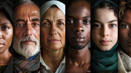 Close-up montage of six adults of different ethnic backgrounds looking directly at the viewer