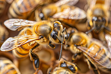 Worker honey bees on a hive

