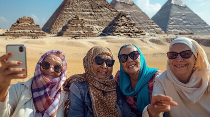 Four women wearing sunglasses and head scarves are posing for a picture - obrazy, fototapety, plakaty