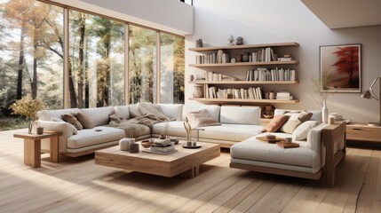 A beautiful living room with a large sofa, coffee table, and bookshelf.