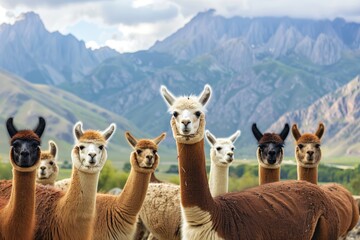 group of alpacas looking at the camera with mountains behind - obrazy, fototapety, plakaty
