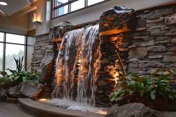 indoor office rock waterfall feature with led lighting accents