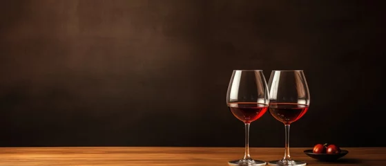Fotobehang Two glasses of red wine on a wooden table and a black background. © Synthetica