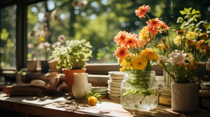 An Arrangement of Flowers in a Mason Jar Sits on a Wooden Table in Front of a Window - obrazy, fototapety, plakaty