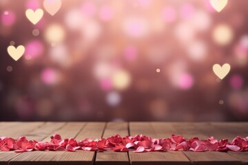 Valentines day background with wooden table and bokeh lights.