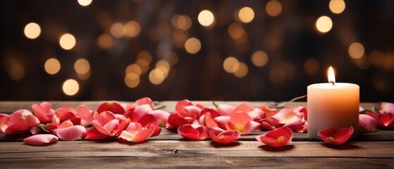 Spa still life with rose petals and burning candle on wooden background.