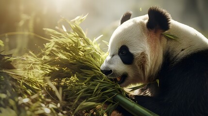 Giant panda eating bamboo in the forest, sunlight, cute, HD, zoo banner, wallpaper 