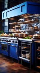 Blue kitchen appliances in a commercial kitchen setting