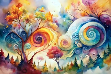 Fototapeta na wymiar Surreal Autumn Forest Whimsical Swirls Vivid Colors Fantasy Artwork