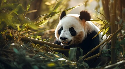 Giant panda eating bamboo in the forest, sunlight, cute, HD, zoo banner, wallpaper 