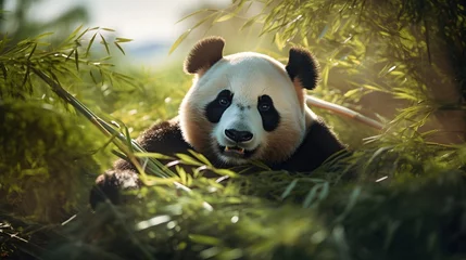 Wandaufkleber Giant panda eating bamboo in the forest, sunlight, cute, HD, zoo banner, wallpaper  © Mockup Lab
