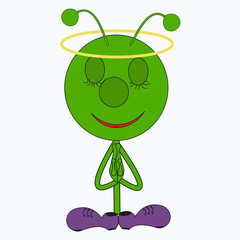 Smiling young man with hands in prayer ask for forgiveness. Male join hands feel grateful or thankful. Gratitude concept. Vector illustration.