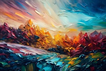 Vibrant Autumn Landscape Oil Painting Textured Forest Sunset
