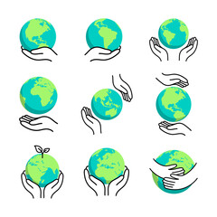 Hands holding globe icon vector illustration set