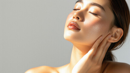 Beautiful young adult Asian woman posing for beauty portrait. Pretty smiling happy healthy girl model from Asia pampering smiling on background advertising skin care cosmetics. Face skincare concept .