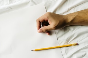 persons hand resting on a blank sheet with pencil