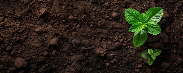 Soil background, top view with little plants on the right side