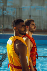 Lifeguard guys working at swimming pool
