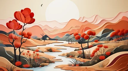Poster Desert oasis with red trees and mountains in the background © Du