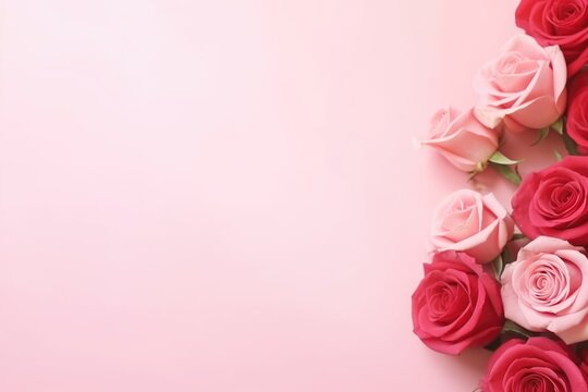 Vibrant red and soft pink roses creating a romantic corner on a pastel pink background. Vibrant Roses on Pastel Pink