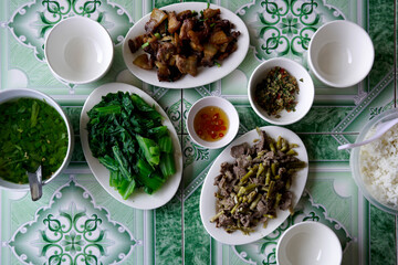 Delicious and simple family meal served at a homestay in Ha Giang, Vietnam