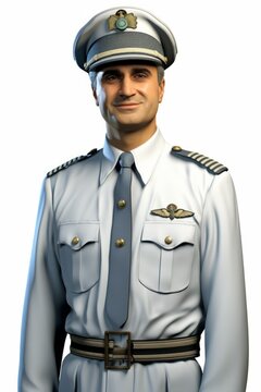 Smiling pilot in white uniform with white hat and blue tie