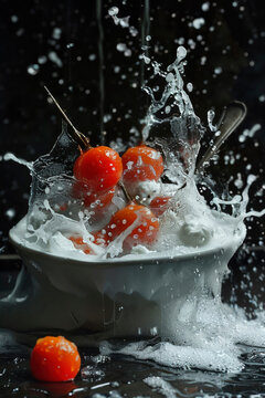cherry advertising illustration Capture photos at speed The cherry fell into the bowl and the water splashed.