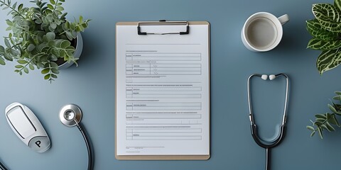 Medical Clipboard with Patient Intake Form and Healthcare Equipment on Desk - obrazy, fototapety, plakaty