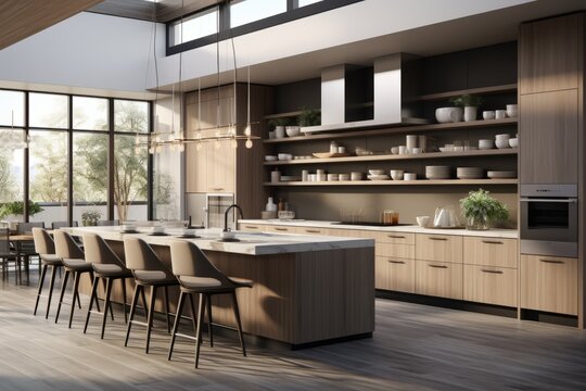 Modern kitchen interior design with large windows and wooden cabinets