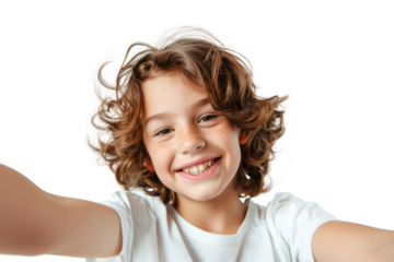 Portrait of cute little kid taking selfie posing with smile and attractive focus look, isolated on transparent png background.